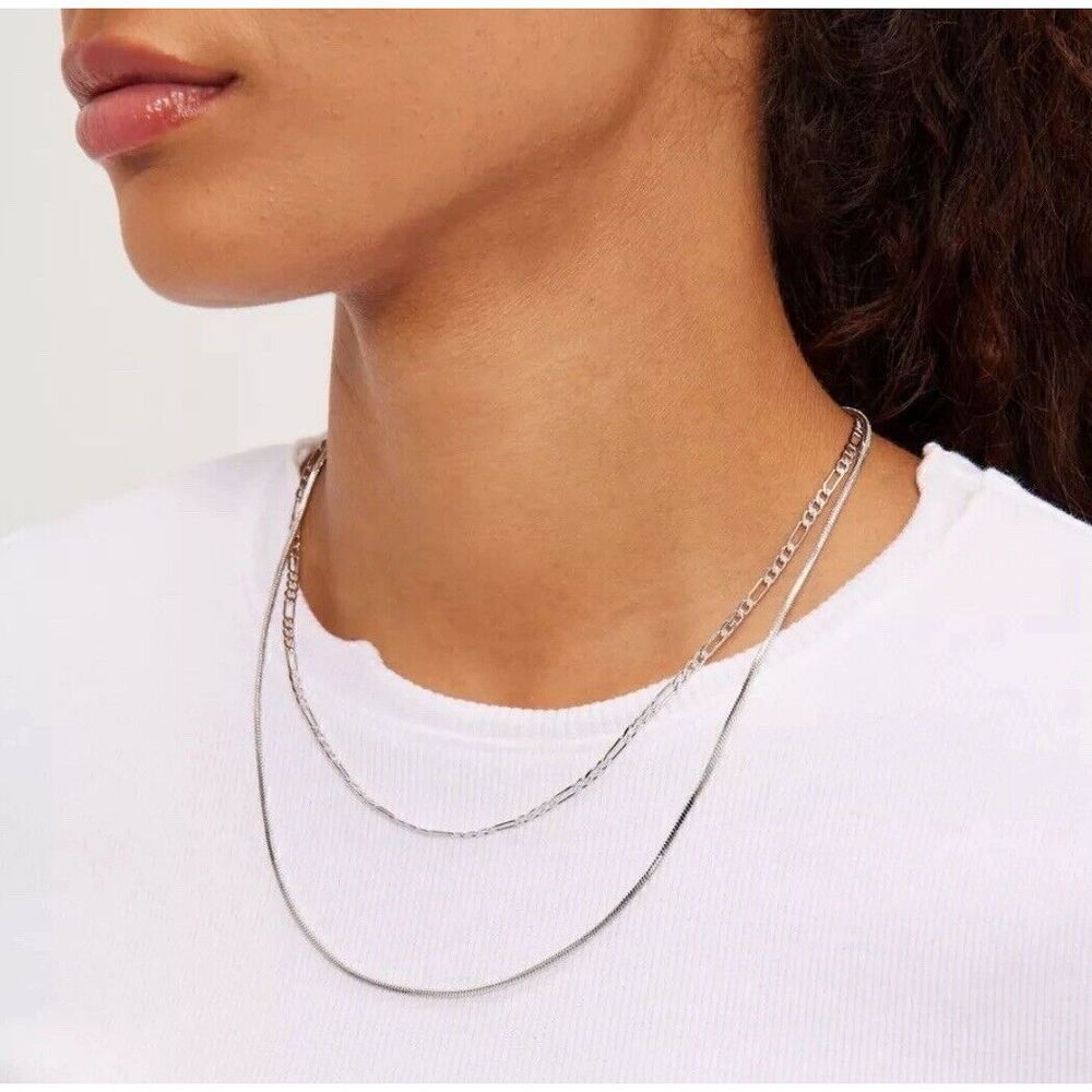 LUV AJ Cecilia Necklace Figaro Herringbone Double Chain Silver Tone 16 18"